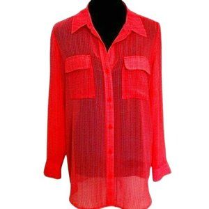 a.n.a. Womens Coral and White Heart Print Sheer Button-Down Blouse Size S Fairy